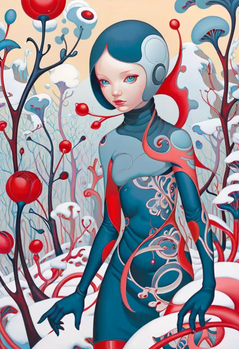 a painting of a woman in a blue and red dress standing in a snowy forest