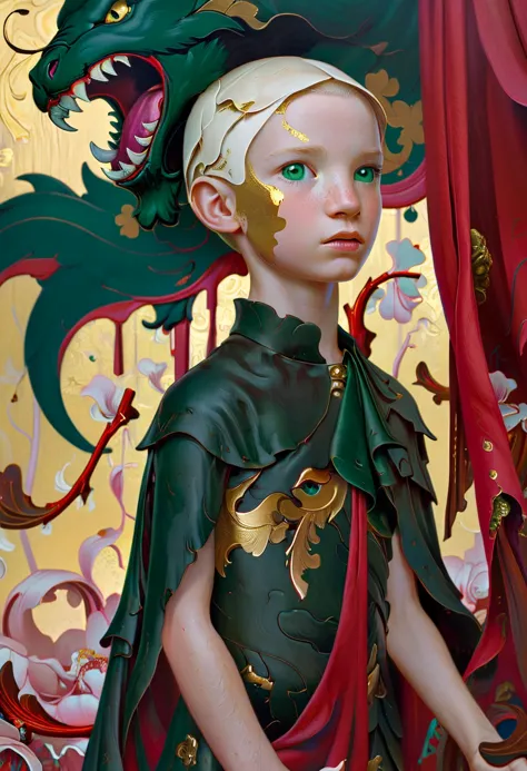 painting of a young boy dressed in a green and gold costume