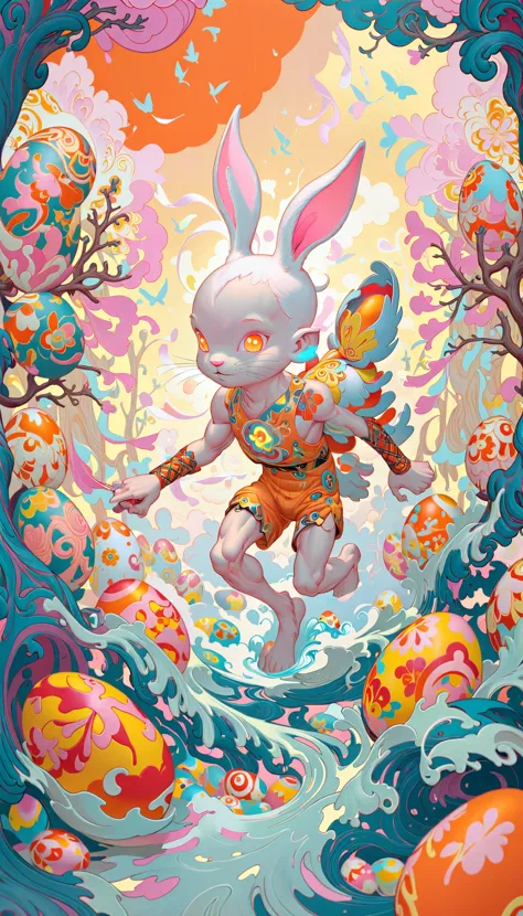 a painting of a bunny flying through a colorful sky with lots of eggs