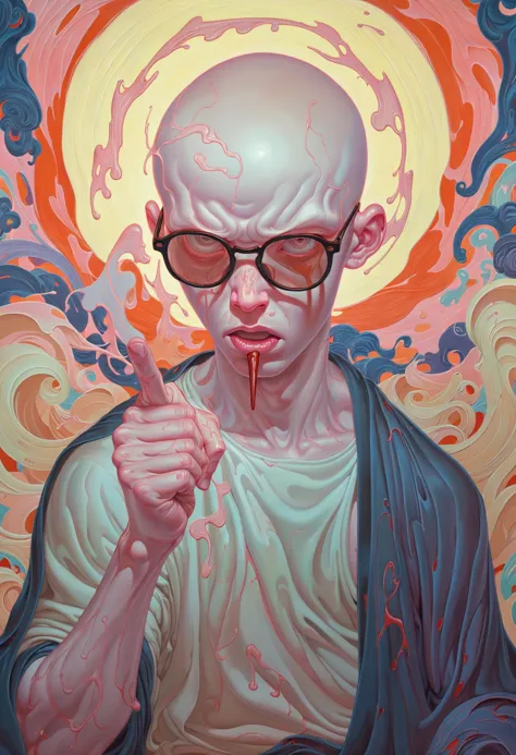 a painting of a man with glasses and a bloody face