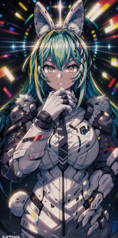 solo, 1girl, (white long fluffy bunny ears:1.5), (green hair:1.5), <lyco:GoodHands-beta2:1.0>, <lyco:image_compositionLoCon:1.0>,black military uniform, jacket, jet black skirt, red tie, oversized mechanical gauntlets, claws on fingers, violence, military,  <lora:[prosthetic quadruped,Quadruped machinery,mechanical tail,mechanical parts, robot joints,hydraulic system,headgear,four feet]:1.0>, mechanical parts, prosthetic quadruped, two legs, sfw, <lora:add_detail:0.5>, <lora:Lgirl-v6_500steps:-8.0>, hdr, bokeh, very long hair, (piercing robotic red eyes), human hands, small breasts,  <lora:Eiken3kyuboyArtist:1.0>