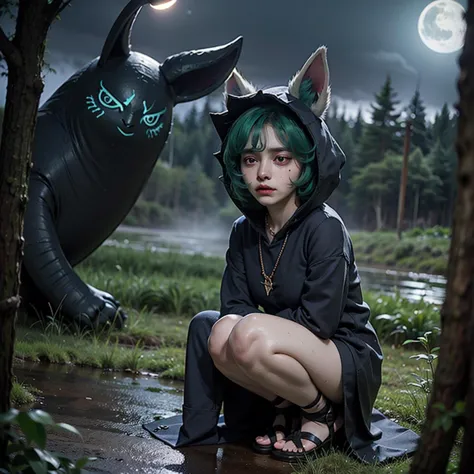 masterpiece, best quality, illustration, cartoon, ((1girl)), vex \(league of legends\), (((young child))),((darkness)), ((at night)), (((small breasts))), freezing fog, shadow, horrible forest, (((tired))), (((frustrated))), ((sleepy eyes)), ((black cotton hoodie)), long sleeves, sandals, (((pale skin))), ((full body)), ((freckles)), ((dark circles)), (((half-closed eyes))), (exhausted), (upset), squatting, necklace, green hair