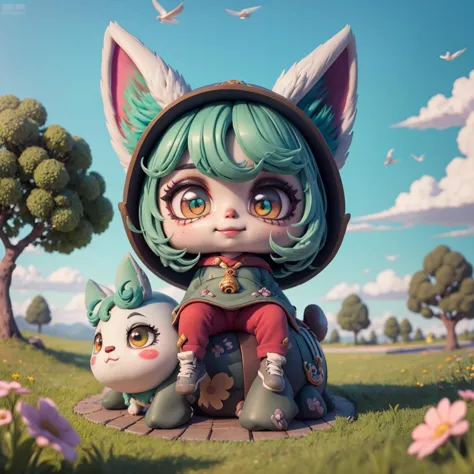 (masterpiece, best quality),(ultra-detailed), (full body:1.2),<lora:vexLeagueOfLegends_v10:1>, vex1, rnd1, (grey skin:1.3),chibi, sitting on the back of a poro, in a wide field with green grass, colorful flowers, willow trees, swallows flying through the air, vague green hills in the distance, villages, the overall color is fresh and light, cartoon style, Chinese style, 3d effect, happy and relaxed atmosphere, (beautiful detailed face), (beautiful detailed eyes),(ultra detailed), (highres:1.1), <lora:blindbox_V1Mix:0.85> ,