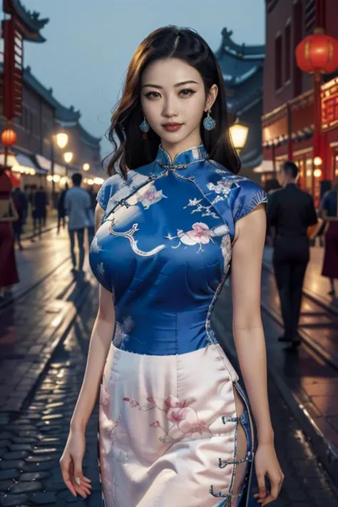 a woman in a blue dress is walking down a street