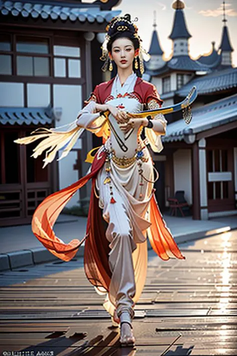 a woman in a red and white dress holding a sword