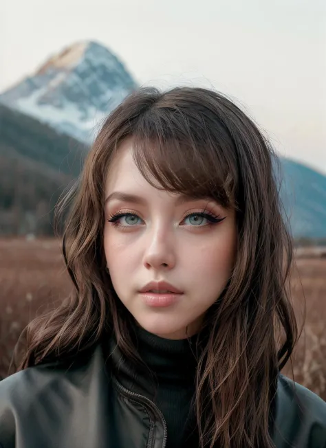 RAW Photo, professional color graded, BREAK portrait photograph of girl Ed3nIvy, (greenish blue eyes), (makeup, eyeliner), wearing Ribbed turtleneck, at mountain, sharp focus, HDR, 8K resolution, intricate detail, sophisticated detail, photorealistic, looking at viewer, 