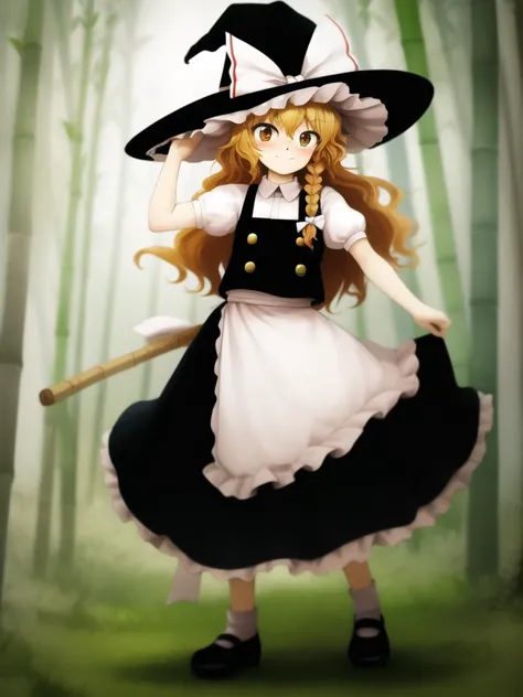 a close up of a person in a dress and hat holding a stick