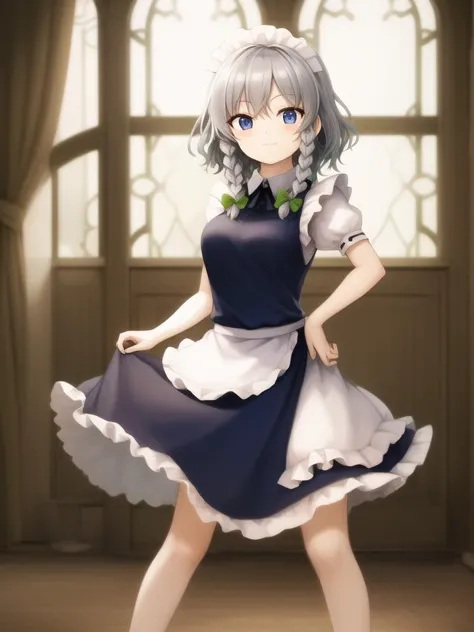 a woman in a maid outfit is posing for a picture