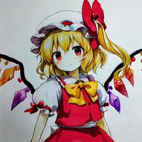 <lyco:zun-v2a-10:1> <lora:flandre:0.9> (traditional media), best quality, zun \(style\),  1girl, solo, looking at viewer, blonde hair, mob cap, hair bow, bowtie, side ponytail, wings, short sleeves, vest, ascot