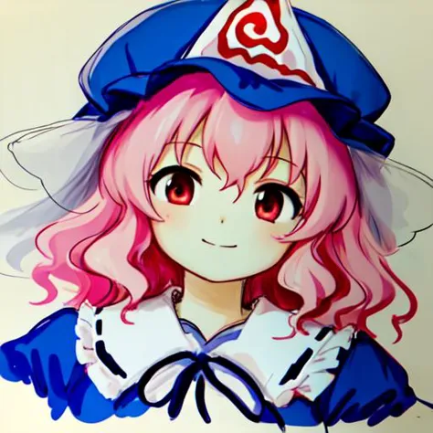 anime girl with pink hair and a blue hat with a heart on it