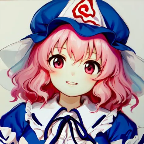 anime girl with pink hair wearing a blue and white hat