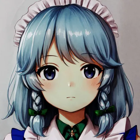 anime girl with blue hair and a green bow tie