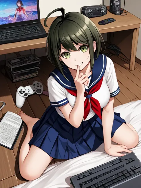 realistic, real, real*,  
girl, komaru naegi ,ort hair, dark green hair ,brown hair, (ahoge), serafuku, white shirt, blue sailor collar, red neckerchief, blue skirt, large breasts,green eyes, 1finger in mouth ,smiling, , ,, looking at viewer, leening on bed, game controller,  ,wooden floor, keyboard (computer), , disposable cup,  , phone, laptop, , cellphone, controller,bed, messy room,TV,
<lora:Komaru_Naegi:0.8>