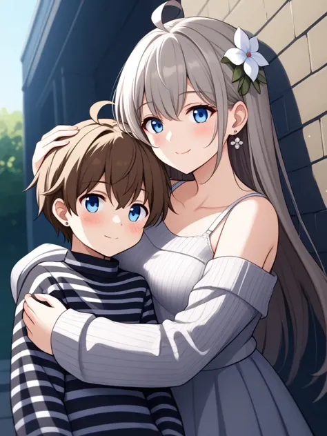 cutie girl, uncensor, canted angle,,  
1girl, 1boy, blue eyes, smile, hair ornament, flower, hug, long hair, hair flower, blush, jewelry, earrings, looking at viewer, ahoge, closed mouth, off shoulder, long sleeves, bangs, striped, grey hair, bare shoulders, hand on another's head, shirt, striped shirt, hetero, brown hair, sweater, outdoors, age difference, stud earrings, upper body, skirt, white flower, bra strap,,