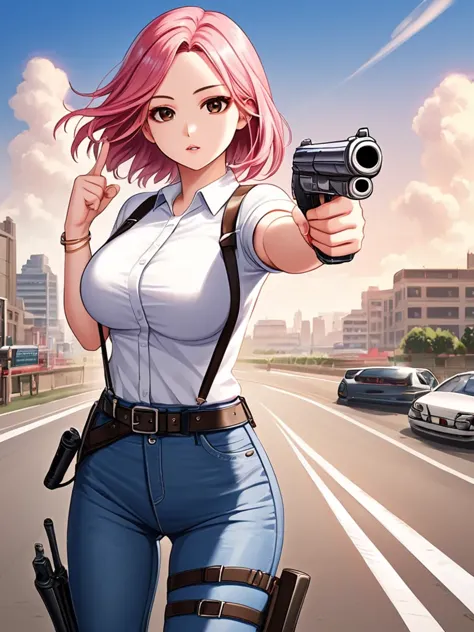 weapon, gun, car, pants, outdoors, shirt, looking at viewer, motor vehicle, 1girl, pink hair, holding, breasts, holding weapon, ...