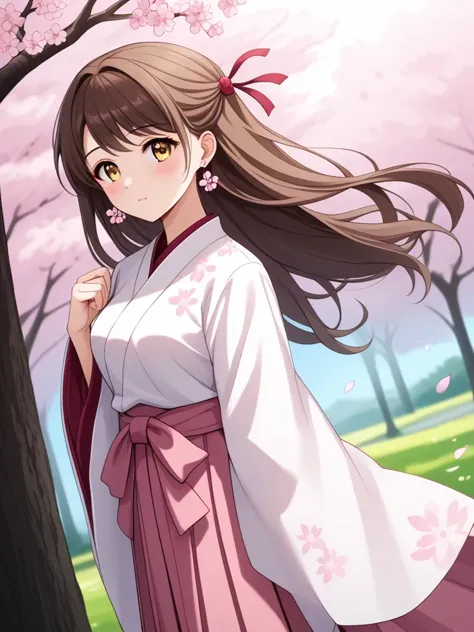 1girl, solo, gorgeous, unconventional beauty, absurdres, Dutch angle,,  
1girl, solo, long hair, close up face, pink hakama, cherry blossoms, floral print, looking at viewer, outdoors, wide sleeves, long sleeves, flower, brown hair, brown eyes, blush, standing, earrings, tree, day, pink flower, jewelry, medium breasts, floating hair, yellow eyes, hand up, flower earrings, branch, sidelocks, spring (season), :d, falling petals, feet out of frame, sunlight, hair ribbon, cowboy shot, blurry, masterpiece, best quality, very aesthetic, absurdres,,