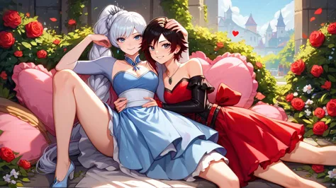 ,flowers,2GIRLS,heart, pink pillow,,sitting,knee bent, leg raised,smile,1hand on own hip, 1hand over head,ruby rose,BREAK  weiss schnee,, score_9, score_8_up,score_7_up,score_6_up,