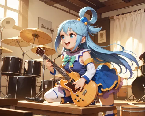 ,,on stage,guitar,smiling, open mouth, , aqua \(konosuba\), drum set, <lora:alkemanubis_style_pony6_v3:0.8>, score_9, score_8_up...