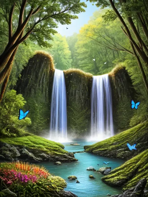 painting of a waterfall with butterflies flying over it