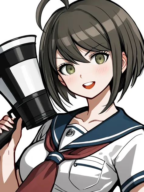 realistic, real, real*,  
megaphone, 1girl, solo, short hair, brown hair, ahoge, open mouth, school uniform, brown eyes, collarbone, serafuku, upper body, bangs, looking at viewer, holding, teeth, sailor collar, shirt, upper teeth only, :o, breasts, white shirt, blue sailor collar,blush, green eyes, neckerchief, medium breasts, short sleeves, outline, red neckerchief, shiny hair, large breasts, shiny, round teeth, portrait, swept bangs, white outline, dutch angle, breast pocket, necktie, pocket, hand up, long sleeves, head tilt, smile, grey shirt, sketch, v-shaped eyebrows, bob cut, red necktie, shadow, purple neckerchief, buttons, close-up, hair between eyes, collared shirt, uniform, sailor shirt, eyelashes, 
<lora:Komaru_Naegi:0.8>