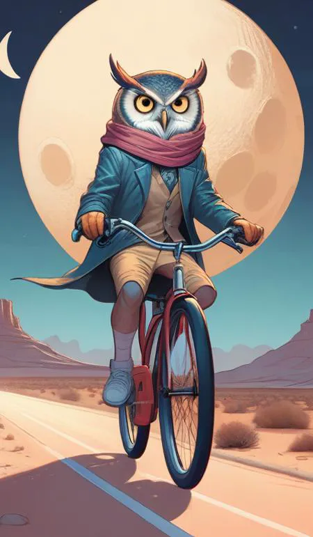 a cell shaded cartoon owl riding a bicycle, with a big head, on a desert road, wide shot, in front of a big moon, muted colors, ...