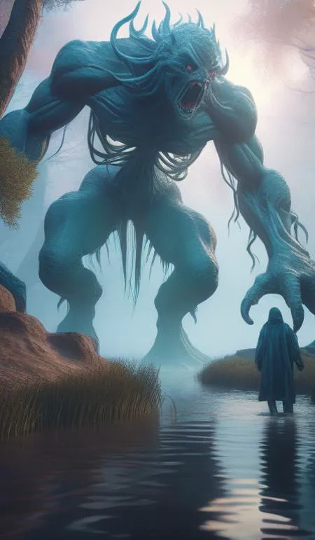 scary mystycal monster with many limbs with elemental magic hunting in foggy river. vaporwave, unreal engine 5, art by artgerm and greg rutkowski and alphonse mucha, hdr global illumination, detailed and intricate environment. hyperrealistic, volumetric lighting. epic cinematic shot, perfectly defined features, ambient occlusion