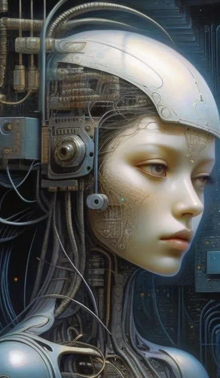 female robot pilot, mechanical creature, electronic wires relays computer nerves, girl face, dystopian surrealism, alex ries zdz...