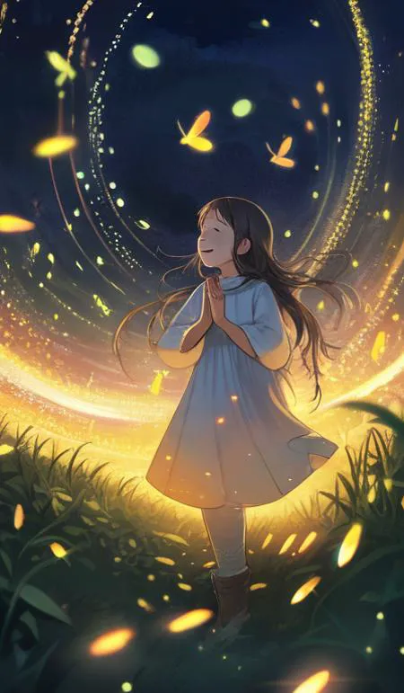 (masterpiece, high res, best quality), 1 girl, priestess, hood, closed eyes,Night, night sky, meadow, surrounded by fireflies, s...