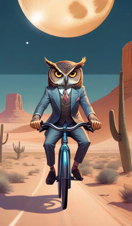 a cell shaded cartoon owl riding a bicycle, with a big head, on a desert road, wide shot, in front of a big moon, muted colors, ...