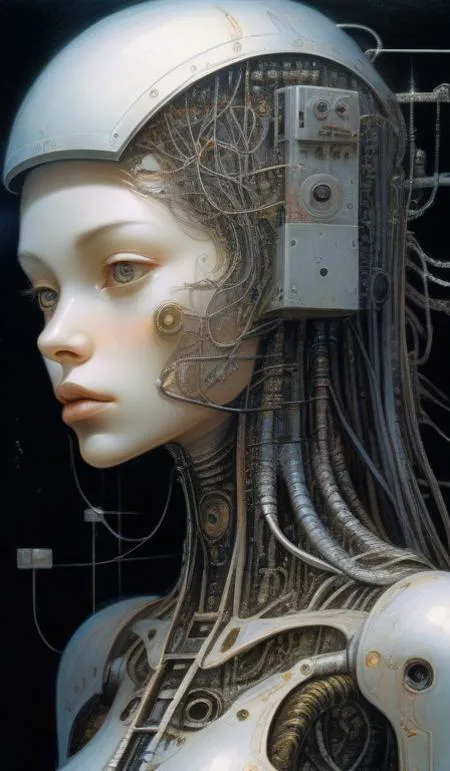 female robot pilot, mechanical creature, electronic wires relays computer nerves, girl face, dystopian surrealism, alex ries zdz...