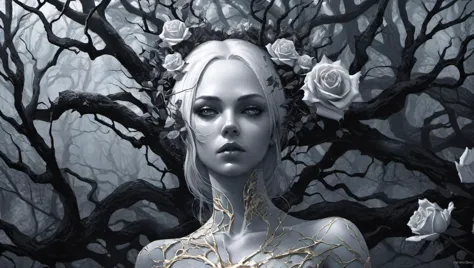 woman in a mythical forest, masterpiece, perfect face, intricate details, horror theme , cracked skin, flower, no humans, rose, ...