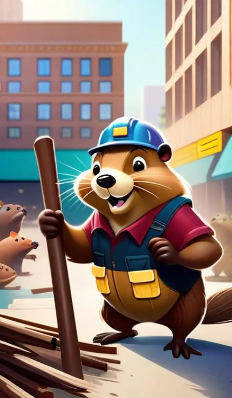 digital hyperrealism concept art of anthropomorphic beavers as construction builders that building city from sticks