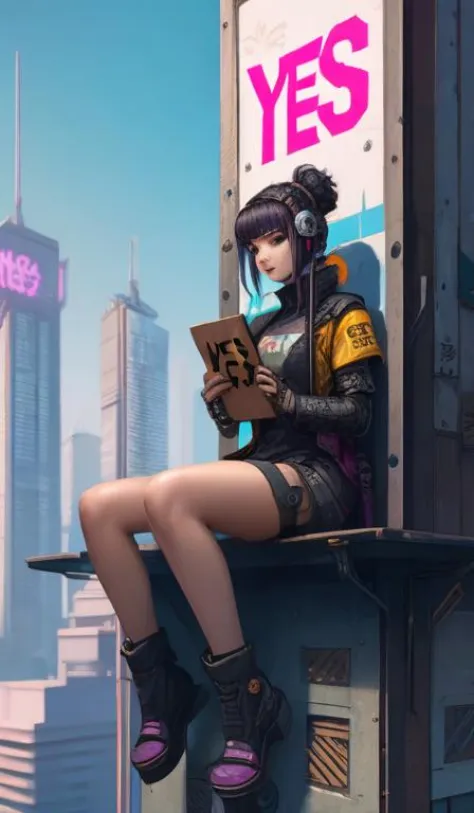 The girl in a cyberpunk dress is sitting on the top of building holding the sign,Holding a wooden plaque with YES! written on it...