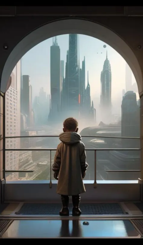 colse up on a toddler, half human half alien, trending on artstation, ultra futuristic city in the background, perspective depth...
