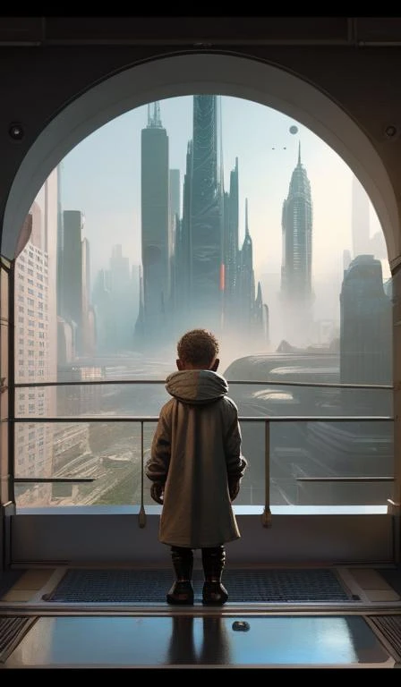 colse up on a toddler, half human half alien, trending on artstation, ultra futuristic city in the background, perspective depth...