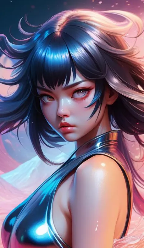 ultra detailed stunning digital painting of a angry japanese anime girl, chrome metal skin, covered in a sea of iridescent liqui...