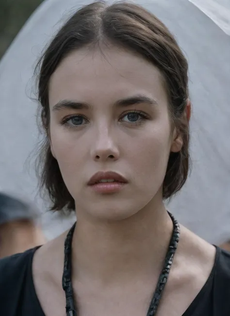 a close up of a woman with a necklace and a white umbrella