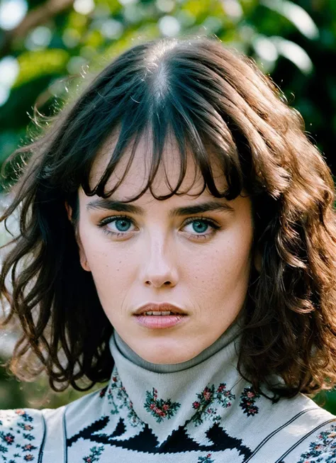 a close up of a woman with a sweater on and a green background