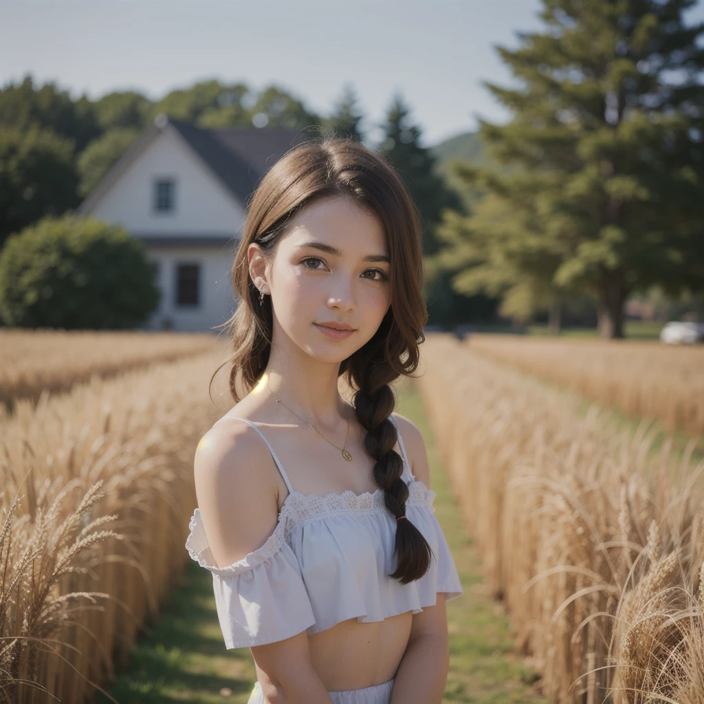 1 chica,((Cien_Nednaree)), con el pelo trenzado, de pie en un entorno de granja rústica. ella tiene un suave, sonrisa gentil y ojos expresivos. El fondo presenta un encantador granero., (campos de trigo dorado), y un cielo azul claro. La composición debe bañarse en agua tibia., luz de la hora dorada, con una suave profundidad de campo y un suave bokeh para acentuar la serenidad pastoral. Capture la imagen como si hubiera sido tomada con una película de 35 mm de la vieja escuela para darle más encanto., película