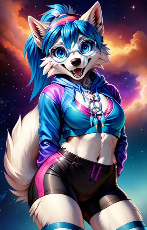 best quality, masterpiece, peacewolfblue, pwboutfit, wolf, white fur,space, stars, happy, mouth open, teeth, smile, looking at v...