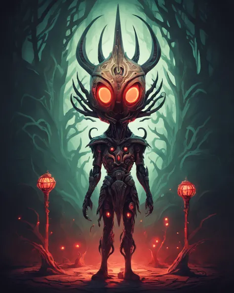 a digital illustration of a demonic looking creature standing in front of a forest