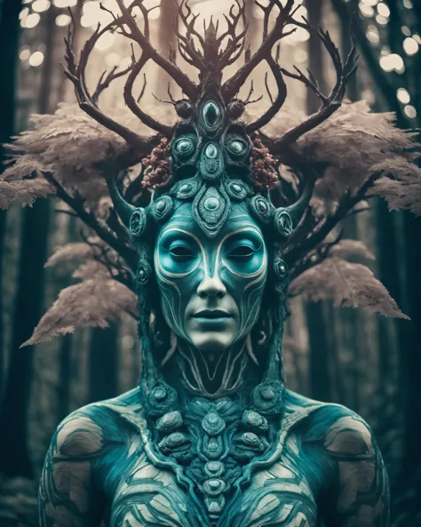 a woman with a blue body and horns in the woods