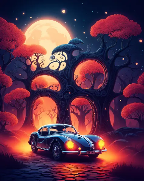 a car is parked in front of a tree with a full moon in the background