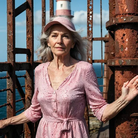 RAW photo, full body portrait of a beautiful 70 year old woman, wrinkled face, pink summer dress, she stands on  a rusty trellis...