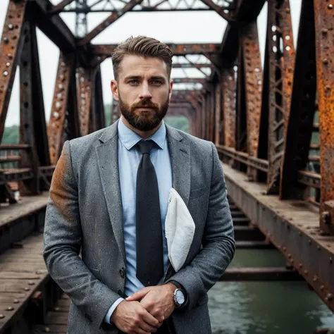 RAW photo, full body portrait of a beautiful man with a beard in a grey suite, he stands on an old rust bridge, full sharp, deta...