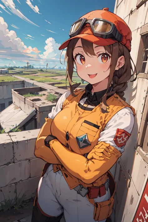 (masterpiece),(best quality),1girl,(solo),neneh, <lora:NenehV2:0.75>,standing,brown hair,red hat,visor cap,goggles on headwear,braid,multiple braids,orange vest,long sleeves,white pants,boots,orange gloves,happy,:p,(crossed arms:1.2),(in desolate polluted countryside ,outdoors,barren),on cliff,barren plain,cloudy