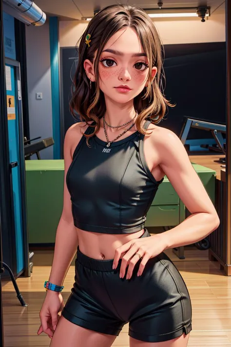 fullbody image of woman, (best quality, masterpiece:1),(realistic:1.4), (best quality, ultra-detailed:1.2), highres, intricate details, (detailed face), detailed brown eyes,m3lm414, <lora:m31m414:1>,(septum piercing), (large hips:1), (flat chested:1),(at GYM:1), (thick thigh:1),  looking to the viewer,  <lora:add_detail:1>,  <lora:breastsizeslideroffset:-1>,  (wearing (black cropped top) and (skintight green small GYM shorts):1), gym weight, exercise equipment, indoor gym, (black socks), white tennis shoes