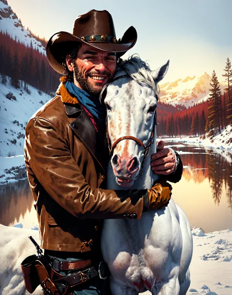 R3DD34Dstyle, digital portrait, arthur morgan hugging beautiful white horse, smiling, cowboy hat, brown jacket, blue shirt, on t...