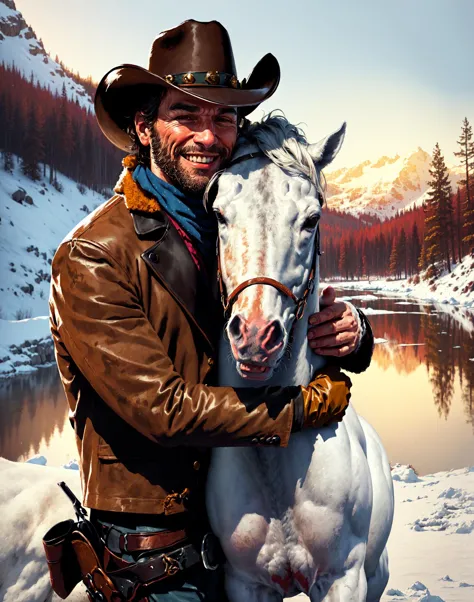 cowboy with a horse in the snow by a lake