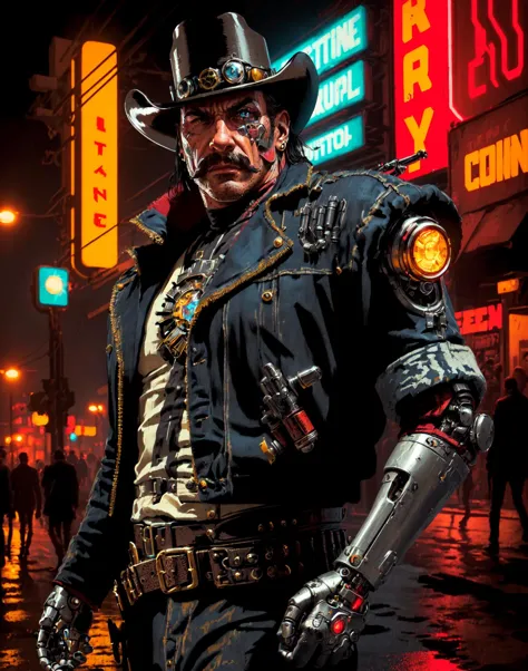 R3DD34Dstyle, digital portrait, (cyborg:1.2) sheriff, cowboy hat, mustache, (metal arm:1.2), in cyberpunk streets, rain, neon lighting,  <lora:R3DD34Dstyle:0.7>